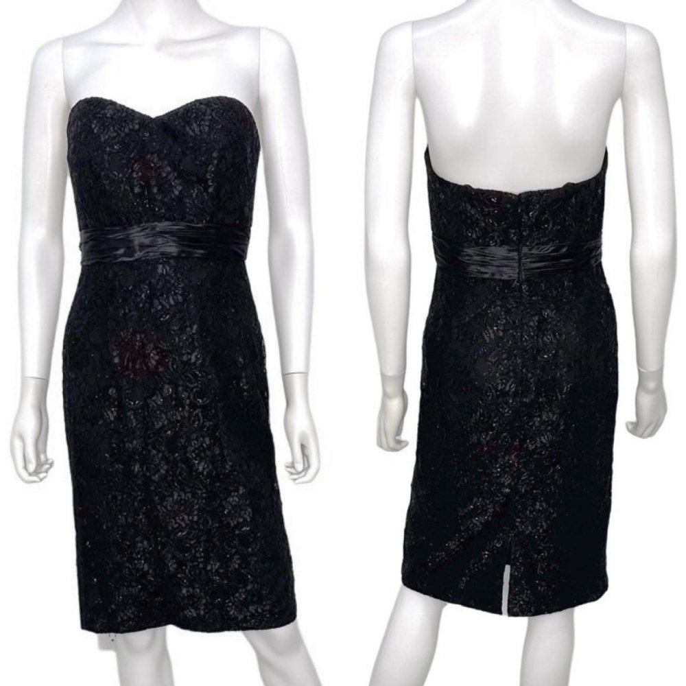 Theia Strapless Shimmer Lace Sweetheart Neckline Mini Dress in Black Size 4